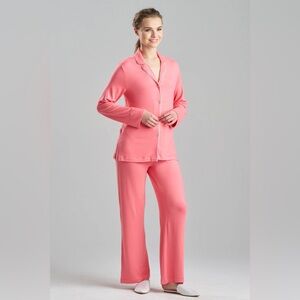New Natori Oasis Notch Longsleeve Pant PJ Set in Hot Coral Pink size small